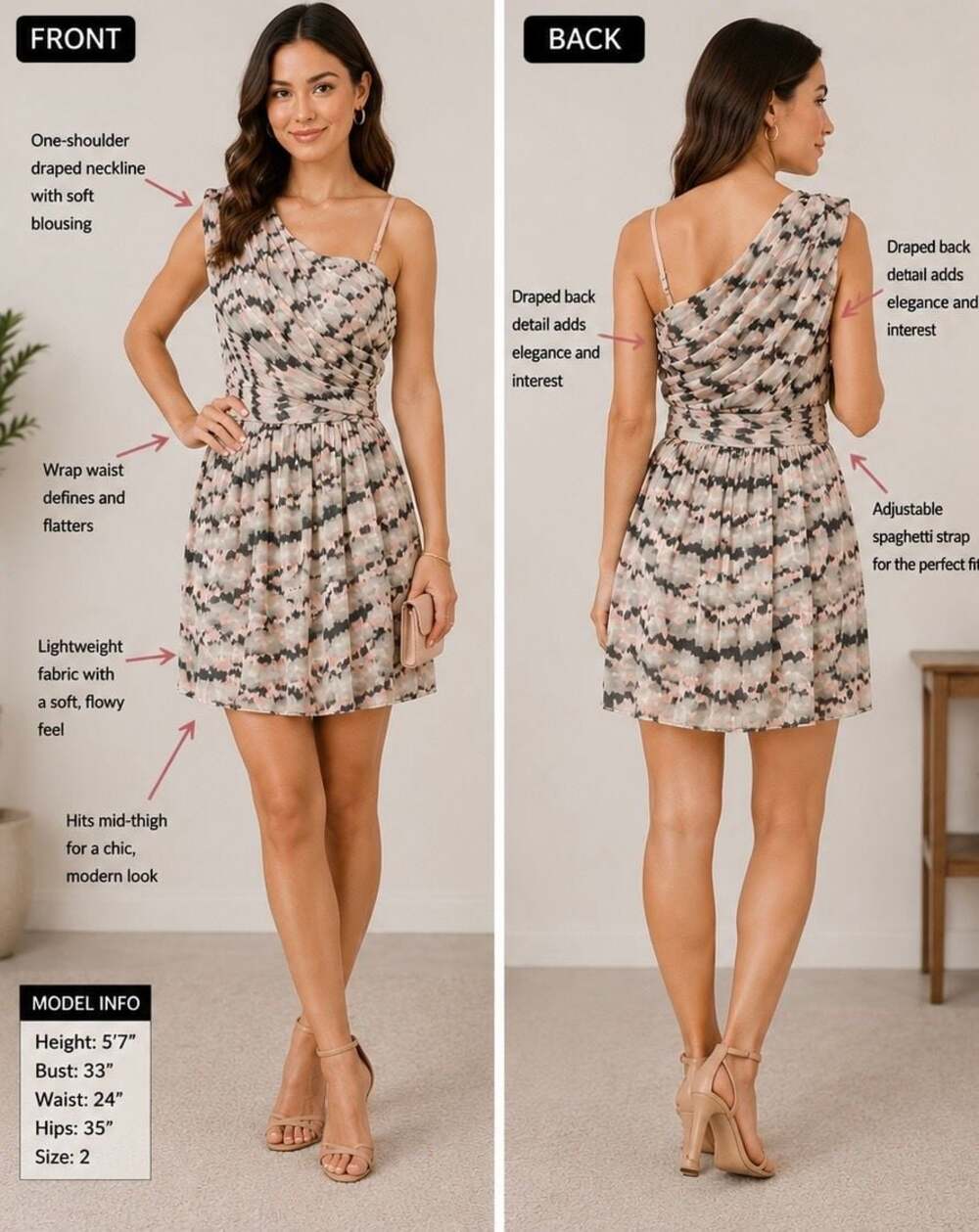 BCBGeneration One-Shoulder Watercolor Abstract Print Ruched Mini Dress Size 4